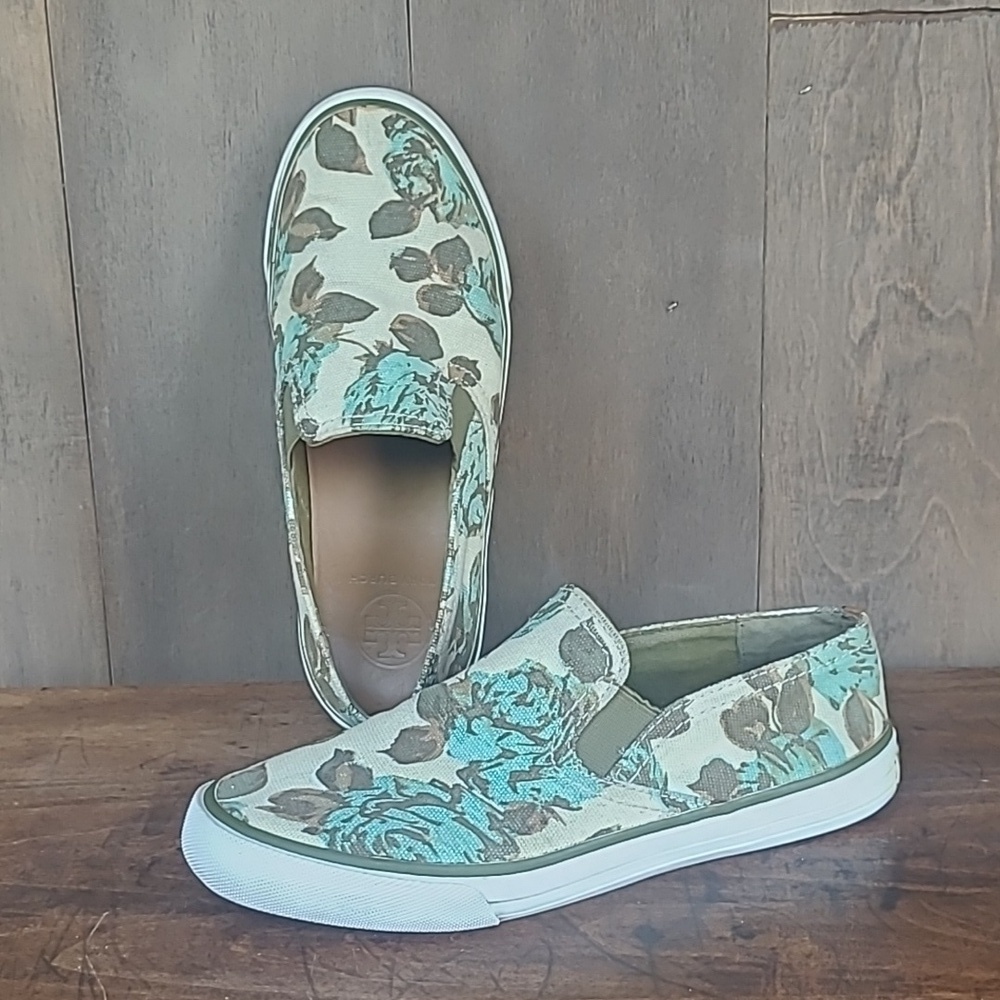 Tory Burch Sneakers Women's sz 6 Green/Cream Floral Slip On Canvas Sneaker